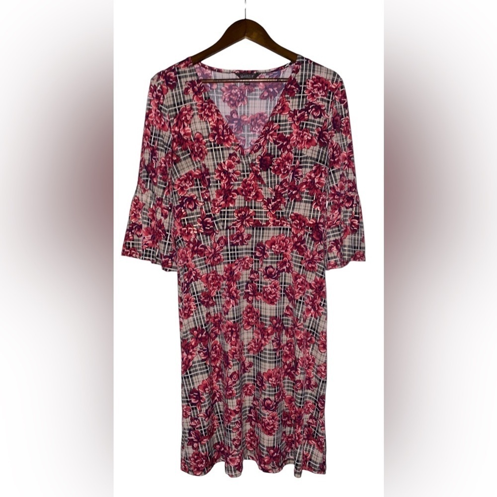 Glamour Rose Floral Plaid Bell Faux Wrap Sleeve Mini Dress Women‎ 8 Cottagecore